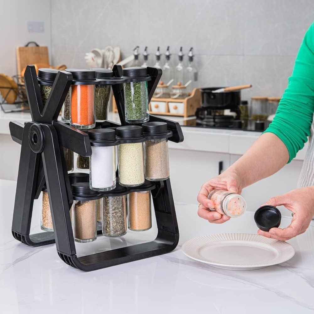 360° Rotating Spice Rack with 18 Jars & Labels – Countertop Kitchen Organizer for Cabinets & Pantry UAE