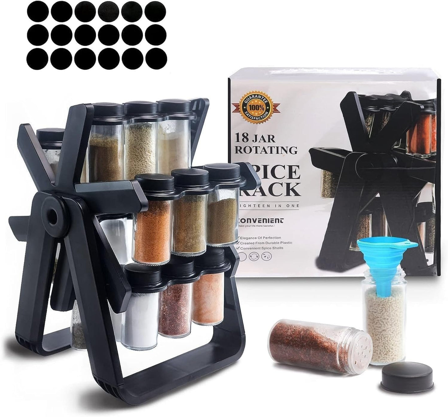 360° Rotating Spice Rack with 18 Jars & Labels – Countertop Kitchen Organizer for Cabinets & Pantry UAE