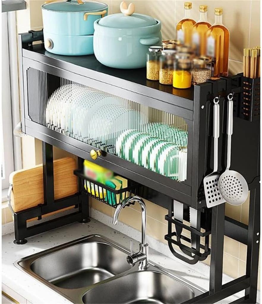 Heavy Duty Over the Sink Dish Drying Rack – 3 Tier Metal Dish Rack with Dust-Proof Cabinet | Kitchen Counter Shelf
