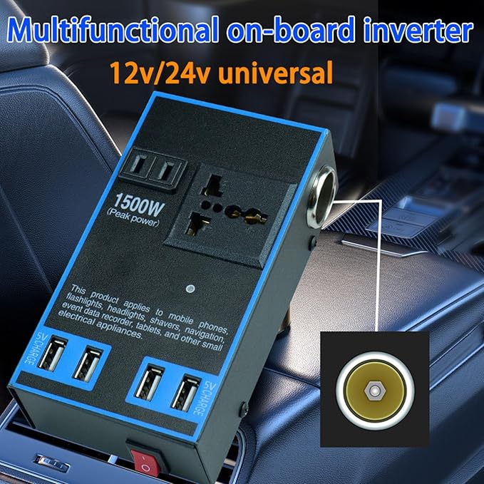 1500W Car Power Inverter 12V/24V to 110V/220V – Fast Charging Multifunction Car Adapter for Cars, Trucks & Home Use