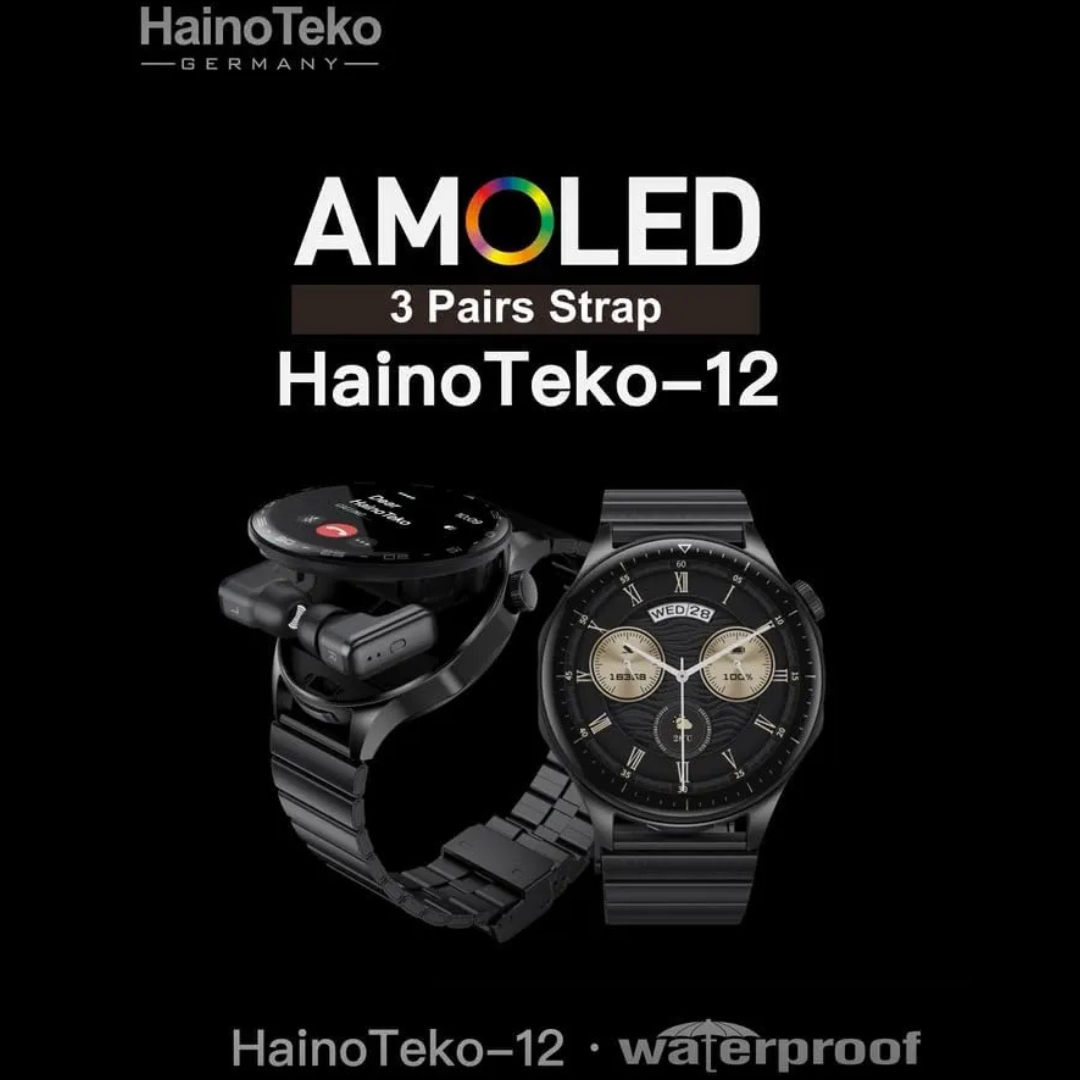 HainoTeko-12 Waterproof Smartwatch for Men – Built-In Wireless Earbuds, AMOLED Display, 3 Straps | UAE Tech Gadget