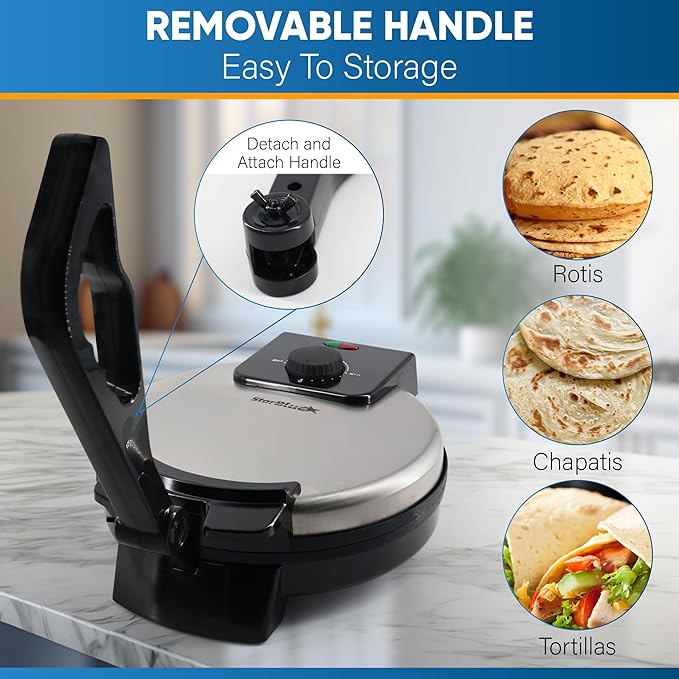Electric Roti & Tortilla Maker – 1000W Non-Stick Chapathi Press | Adjustable Heat & Cool-Touch Handle | Compact for UAE Kitchens