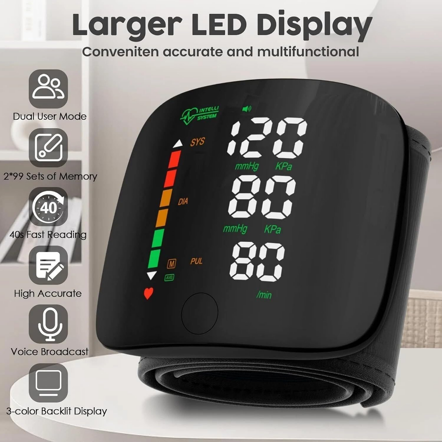 Automatic Wrist Blood Pressure Monitor – Digital BP Machine with LED Display & Voice Function | Portable Health Monitor