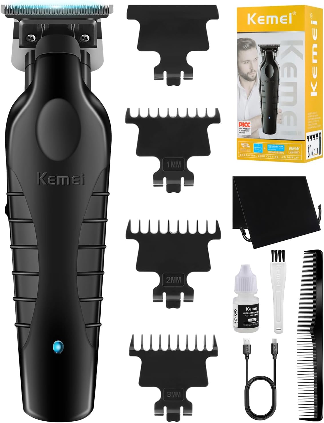 KEMEI 2299 Professional Cordless Hair Trimmer for Men | Zero-Gap T Blade, 7500 RPM Motor, 180-Min Runtime