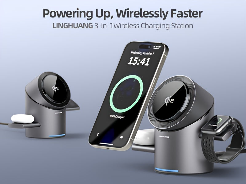 3-in-1 MagSafe Wireless Charging Station | Qi2 15W Fast Charger for iPhone, Watch & AirPods | Foldable, Auto-Rotating & Travel-Ready