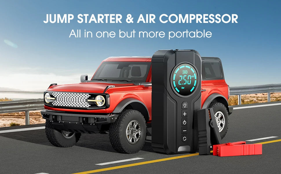 3-in-1 Car Jump Starter | 3000A Booster + 150PSI Digital Air Pump + 6000mAh Power Bank – Emergency Car Gadget