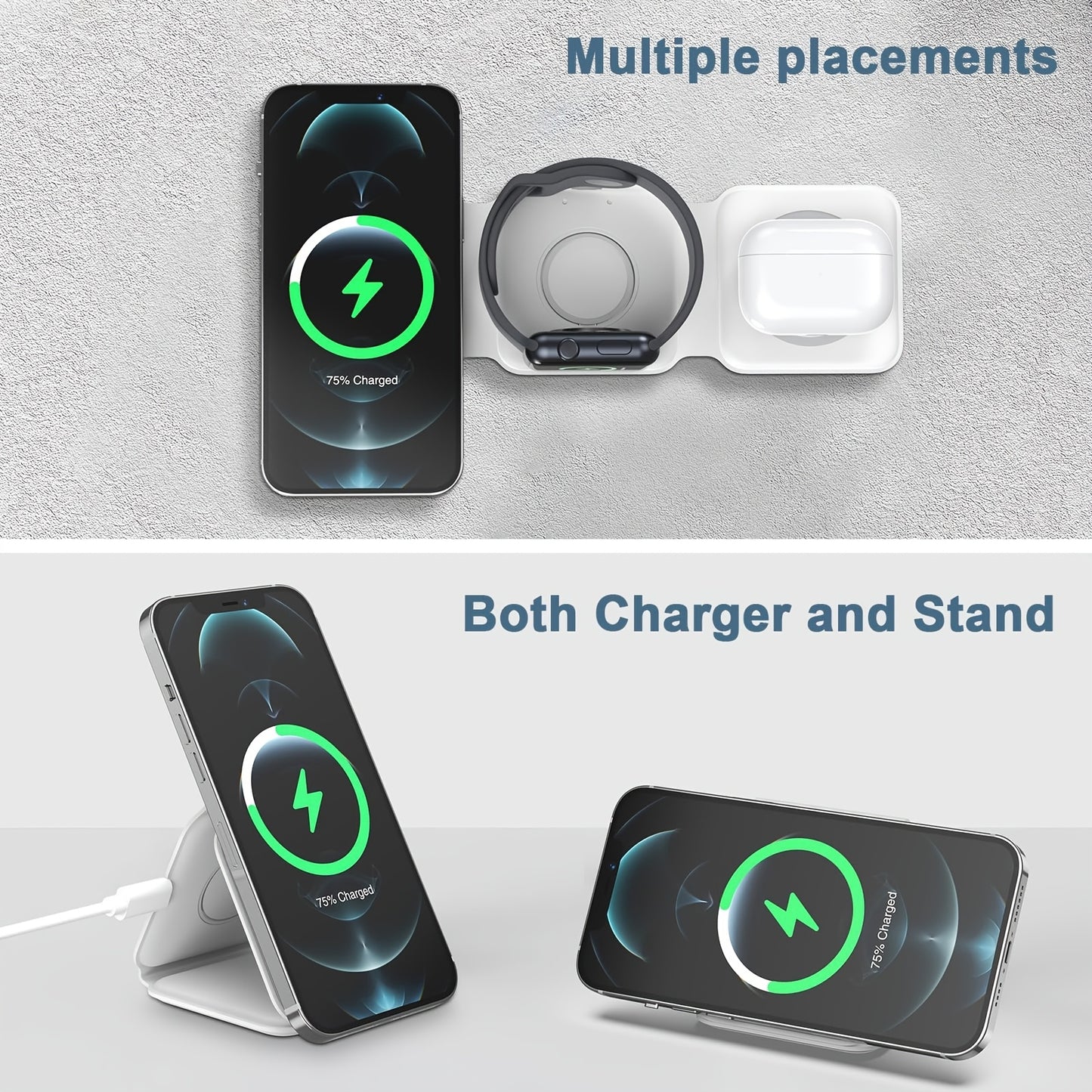 Pickzaar 3 in 1 Wireless Charger – Magnetic Foldable Charging Station, Fast Wireless Charging Pad (White) USB