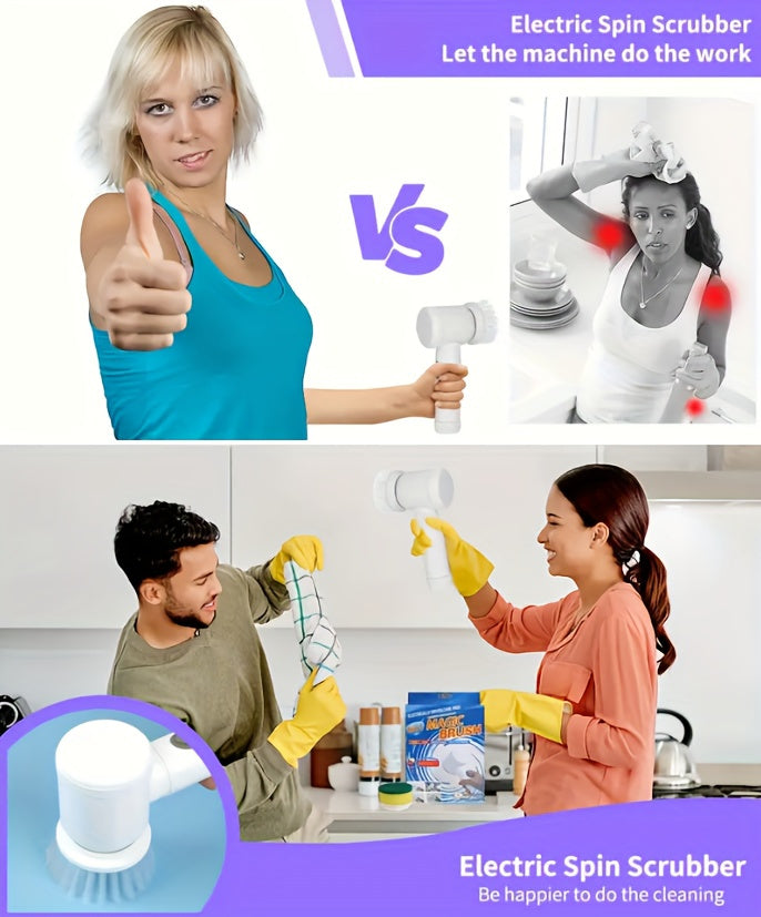 Electric Spin Scrubber – Cordless Rechargeable Brush, 5 Heads + Extension Handle