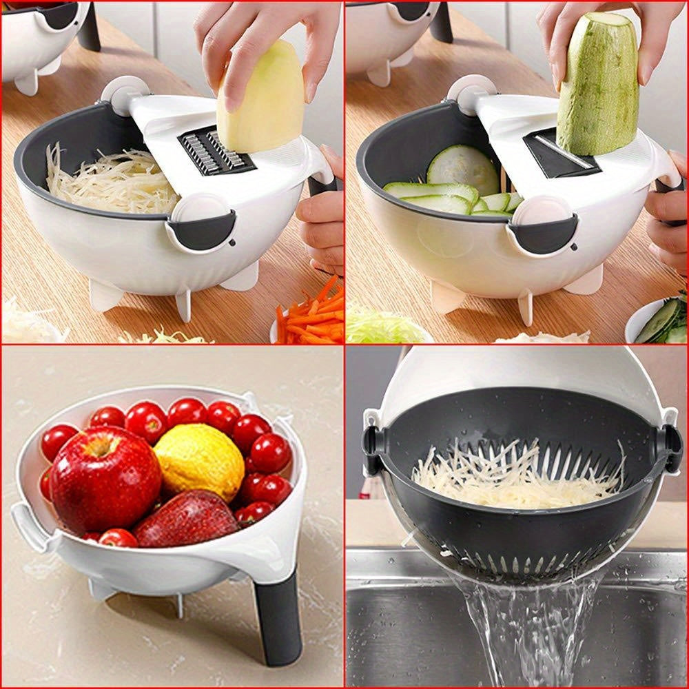 Pickzaar 9-in-1 Vegetable Cutter with Drain Basket | Multi-Functional Slicer, Dicer & Grater – Stainless Steel Blades, Compact Kitchen Tool