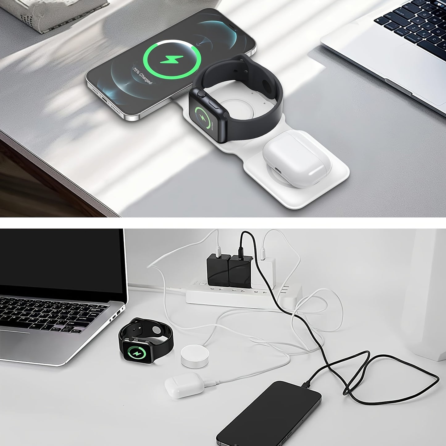 Pickzaar 3 in 1 Wireless Charger – Magnetic Foldable Charging Station, Fast Wireless Charging Pad (White) USB