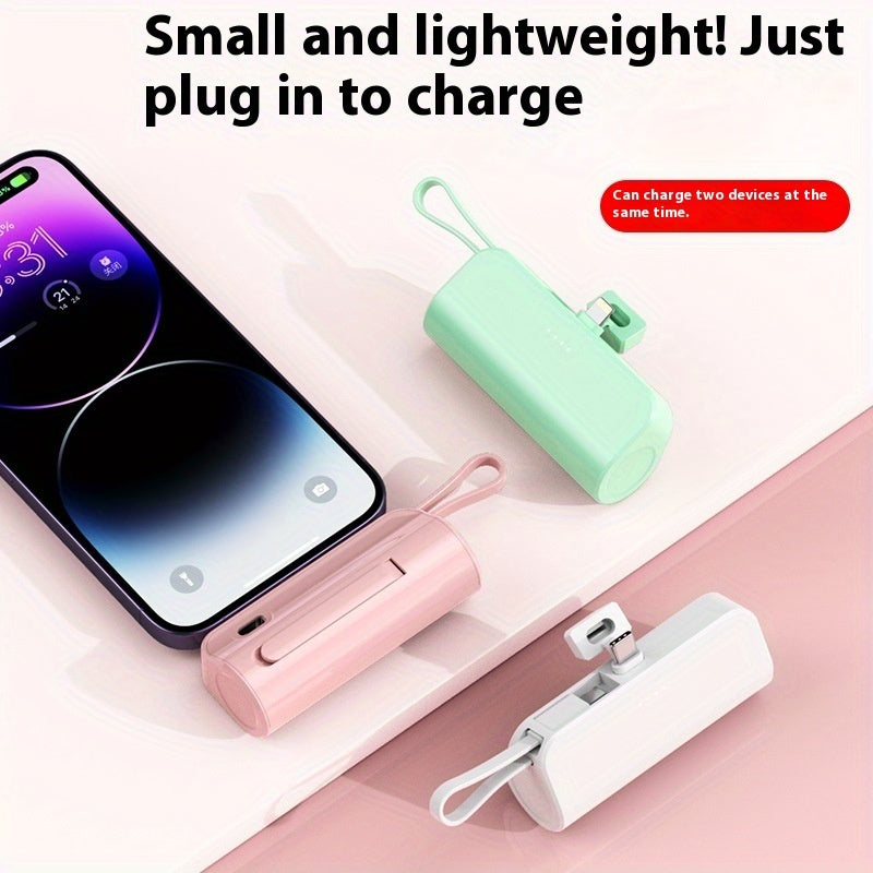 5000mAh Mini Power Bank with Built-in Type-C & Lightning Cables – Portable Fast Charger with Foldable Stand & LED Light (Black)