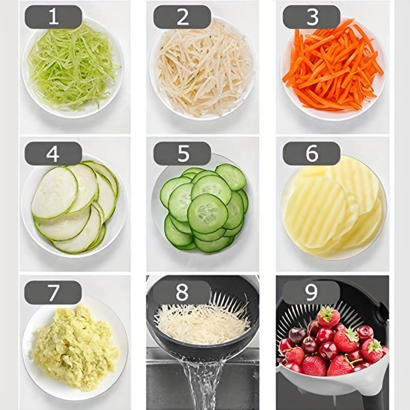 Pickzaar 9-in-1 Vegetable Cutter with Drain Basket | Multi-Functional Slicer, Dicer & Grater – Stainless Steel Blades, Compact Kitchen Tool