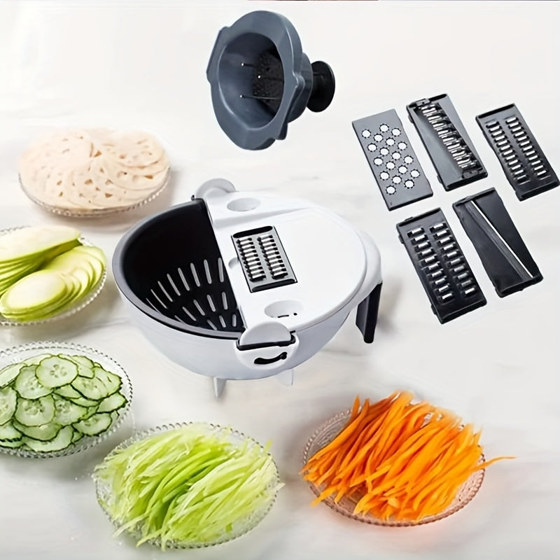 Pickzaar 9-in-1 Vegetable Cutter with Drain Basket | Multi-Functional Slicer, Dicer & Grater – Stainless Steel Blades, Compact Kitchen Tool