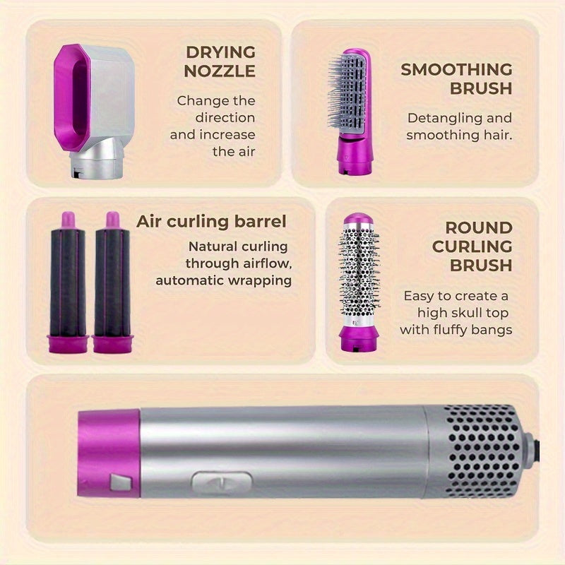 5-in-1 Professional Hair Dryer Brush Set | Straightener, Curler, Volumizer & Scalp Massager – Ionic Hot Air Styling Tool