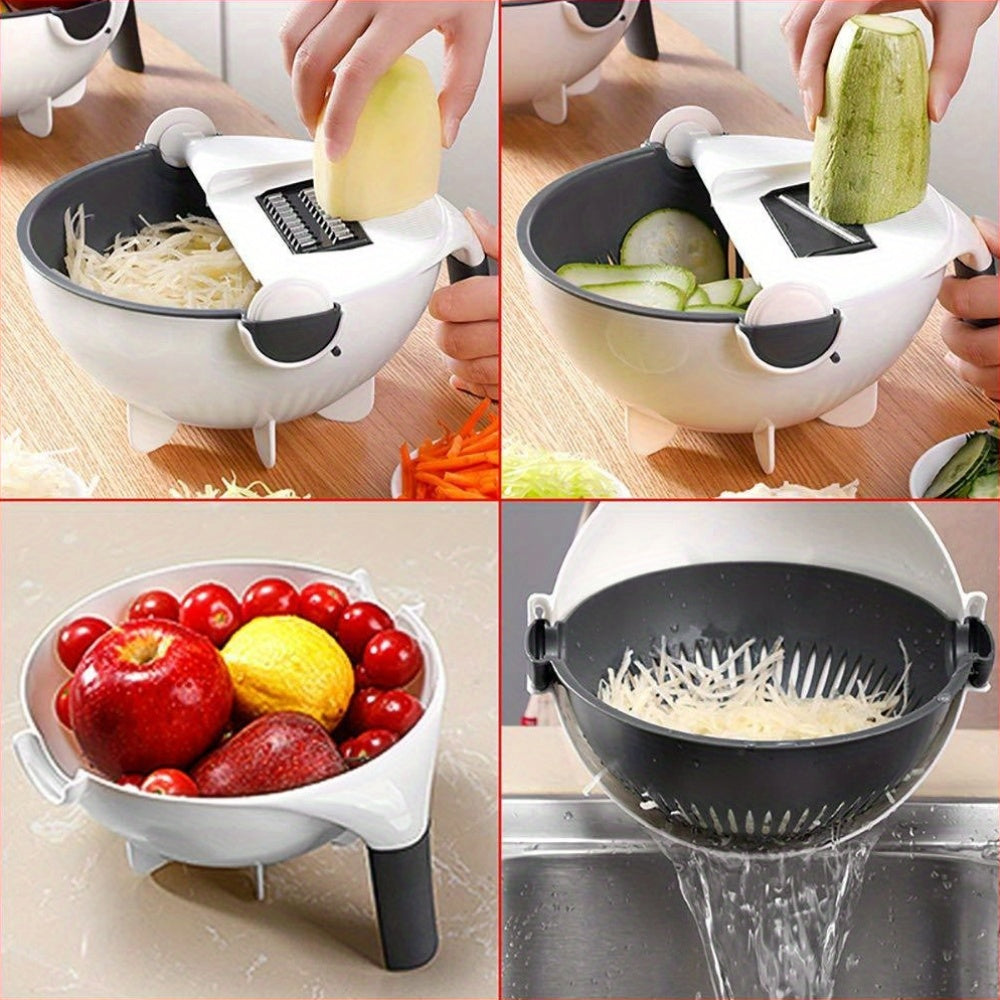 Pickzaar 9-in-1 Vegetable Cutter with Drain Basket | Multi-Functional Slicer, Dicer & Grater – Stainless Steel Blades, Compact Kitchen Tool