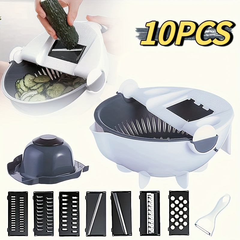 Pickzaar 9-in-1 Vegetable Cutter with Drain Basket | Multi-Functional Slicer, Dicer & Grater – Stainless Steel Blades, Compact Kitchen Tool