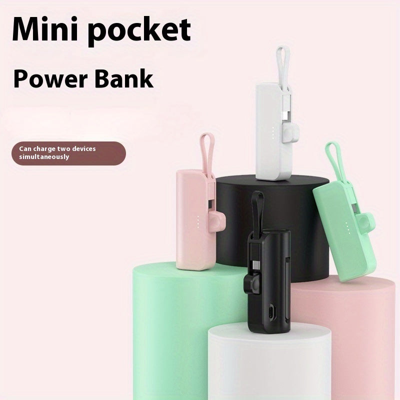 5000mAh Mini Power Bank with Built-in Type-C & Lightning Cables – Portable Fast Charger with Foldable Stand & LED Light (Black)