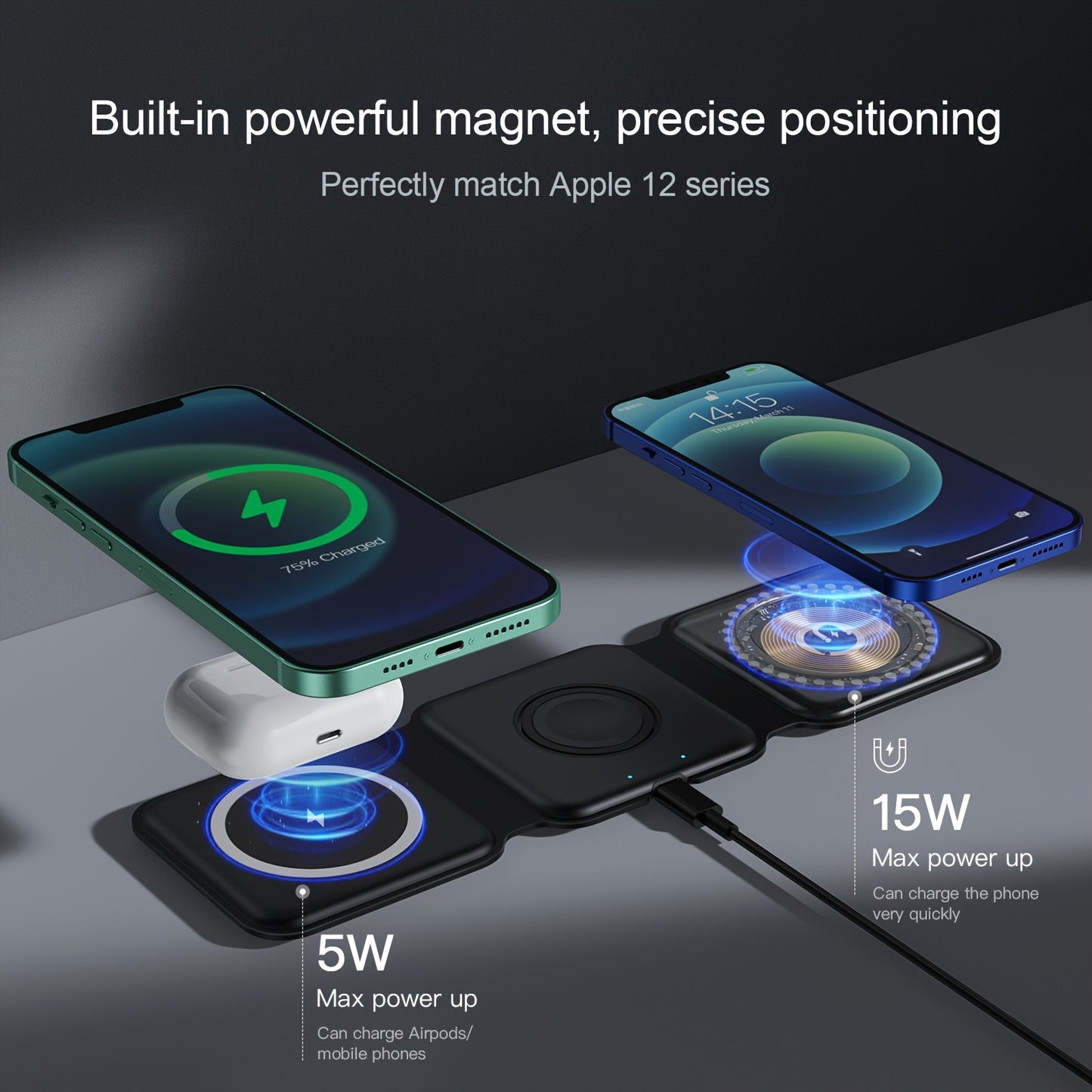 Pickzaar 3 in 1 Wireless Charger – Magnetic Foldable Charging Station, Fast Wireless Charging Pad (White) USB