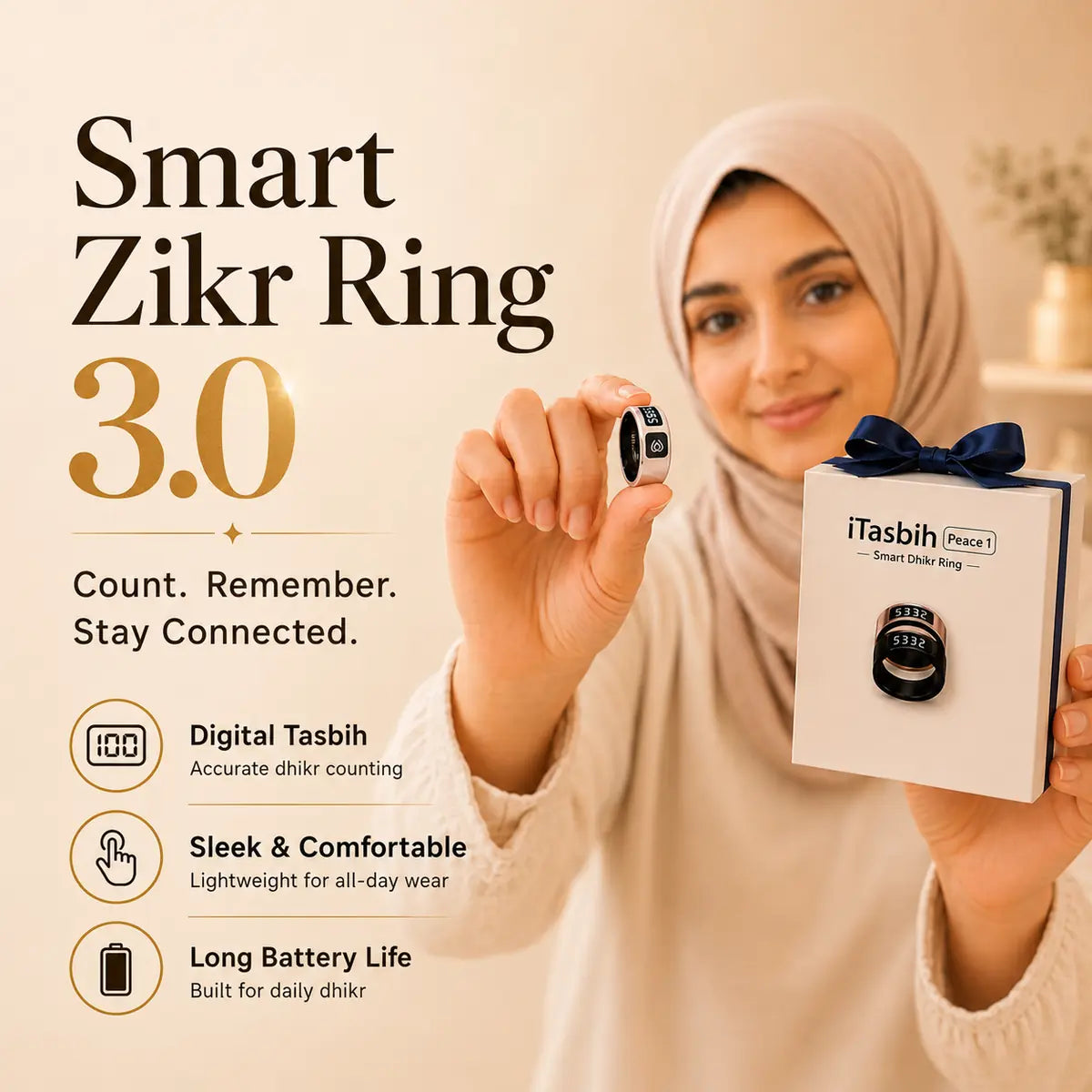 WESLAMIC Salam Smart Tasbih Ring – Digital Zikr Counter with OLED Display