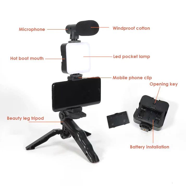 Vlogging Studio Kit for Smartphone & Camera – Mic + LED Light + Tripod