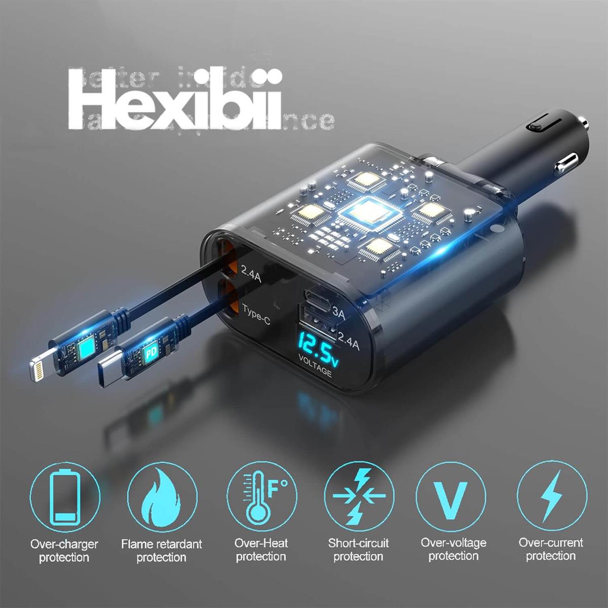 Retractable 4-in-1 Fast Car Charger UAE | 66W PD & QC | Type-C + Lightning + Dual USB | iPhone 15/14/13/12 & Samsung
