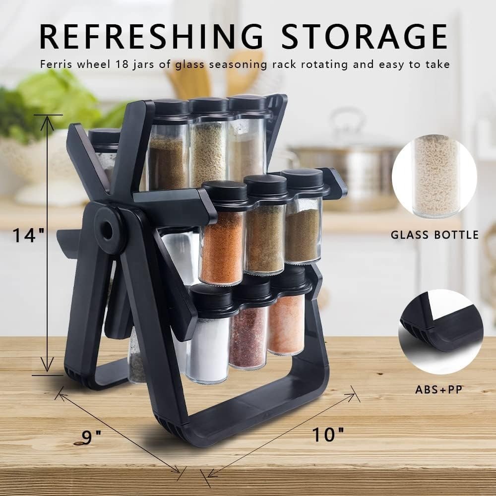 360° Rotating Spice Rack with 18 Jars & Labels – Countertop Kitchen Organizer for Cabinets & Pantry UAE