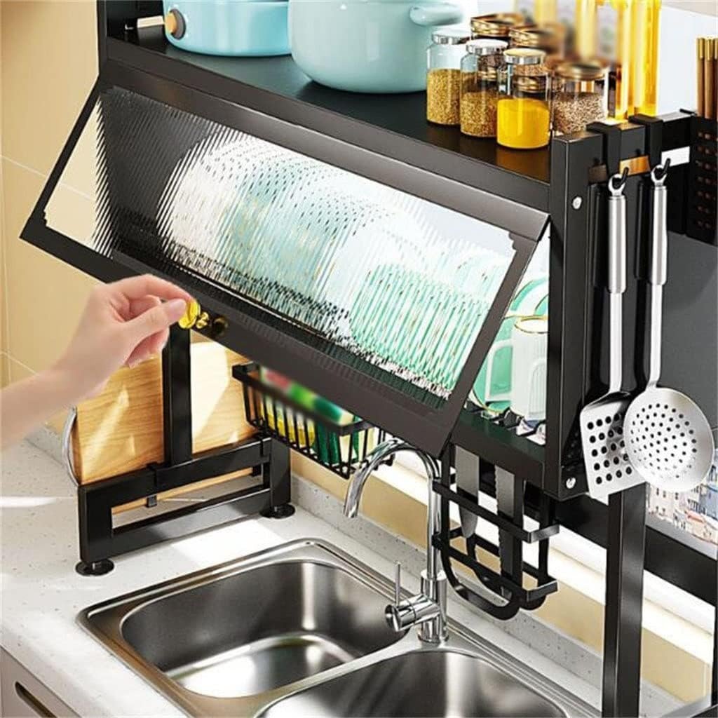 Heavy Duty Over the Sink Dish Drying Rack – 3 Tier Metal Dish Rack with Dust-Proof Cabinet | Kitchen Counter Shelf