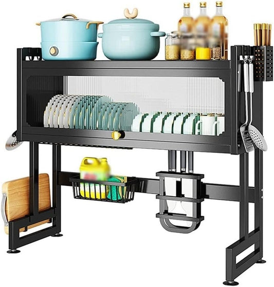 Heavy Duty Over the Sink Dish Drying Rack – 3 Tier Metal Dish Rack with Dust-Proof Cabinet | Kitchen Counter Shelf