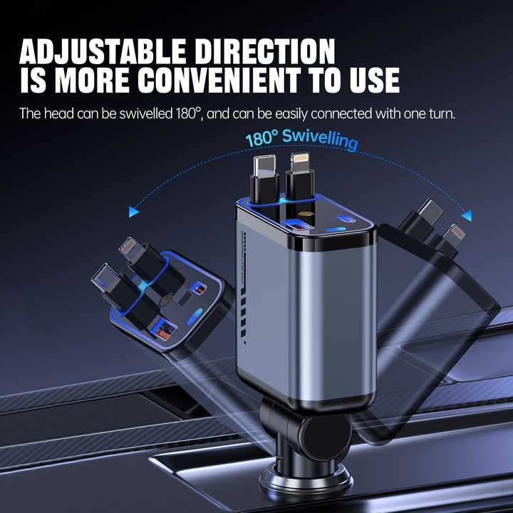 Retractable 4-in-1 Fast Car Charger UAE | 66W PD & QC | Type-C + Lightning + Dual USB | iPhone 15/14/13/12 & Samsung