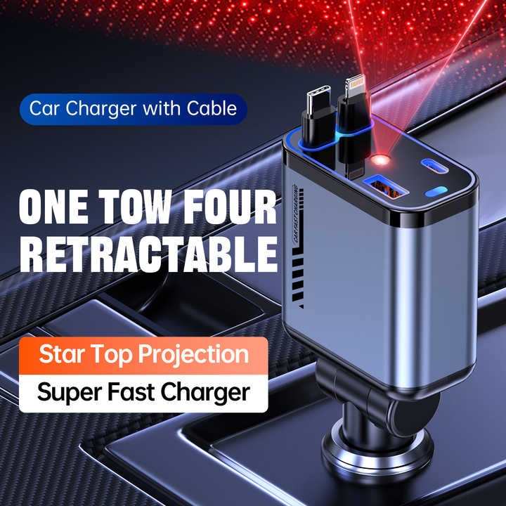 Retractable 4-in-1 Fast Car Charger UAE | 66W PD & QC | Type-C + Lightning + Dual USB | iPhone 15/14/13/12 & Samsung