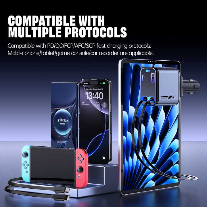 Retractable 4-in-1 Fast Car Charger UAE | 66W PD & QC | Type-C + Lightning + Dual USB | iPhone 15/14/13/12 & Samsung