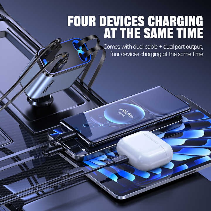 Retractable 4-in-1 Fast Car Charger UAE | 66W PD & QC | Type-C + Lightning + Dual USB | iPhone 15/14/13/12 & Samsung