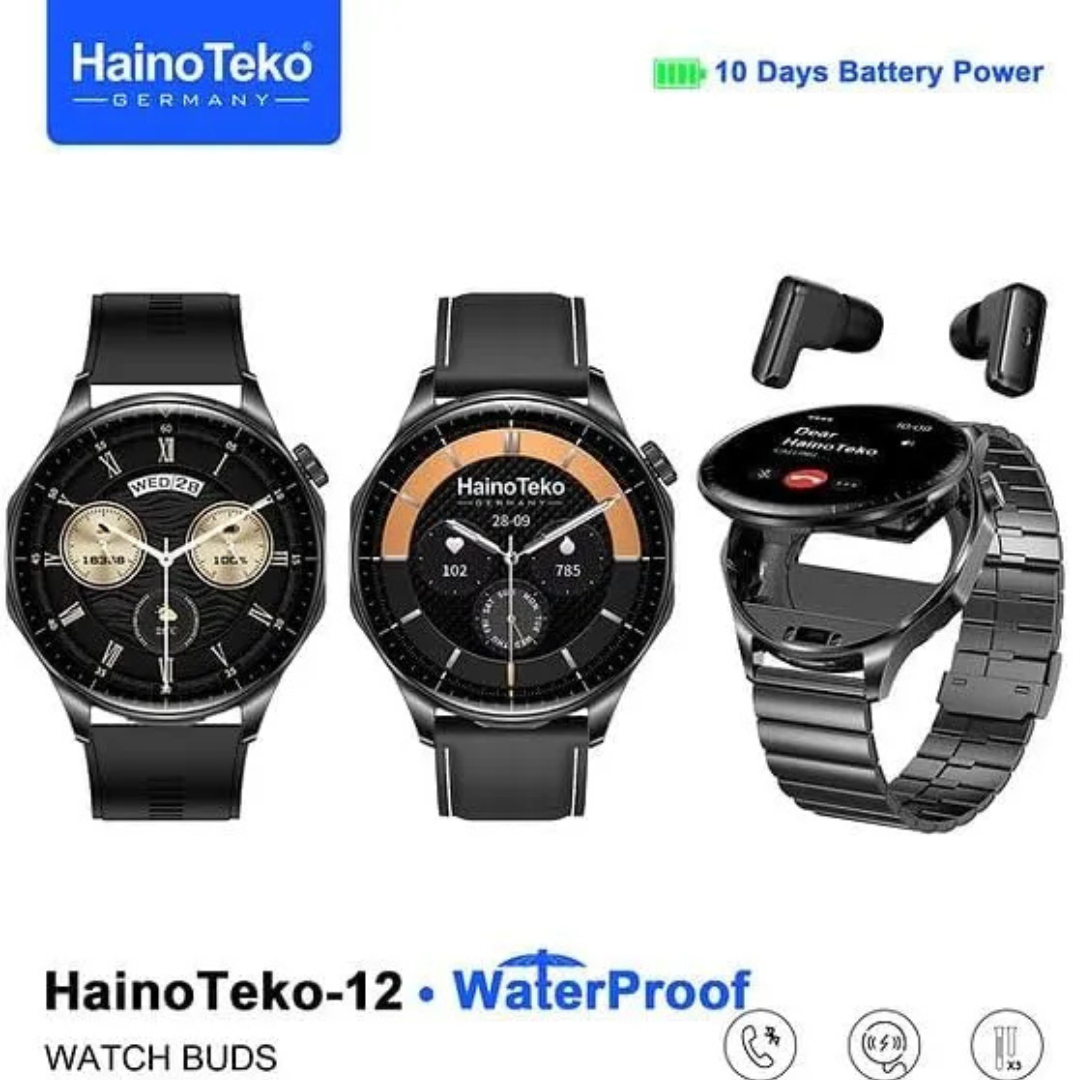 HainoTeko-12 Waterproof Smartwatch for Men – Built-In Wireless Earbuds, AMOLED Display, 3 Straps | UAE Tech Gadget