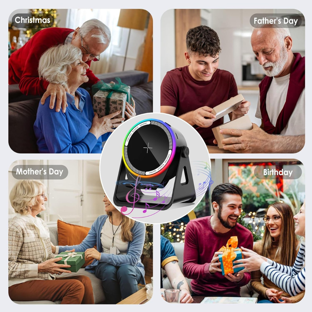 4-in-1 Wireless Induction Bluetooth Speaker with RGB Lights & 360° Phone Stand | UAE Gadget