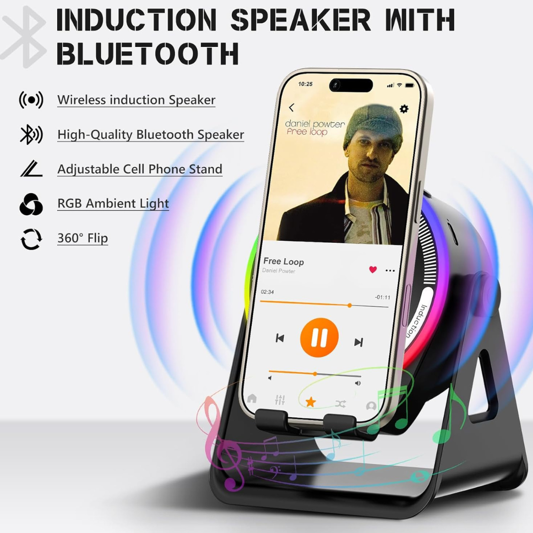 4-in-1 Wireless Induction Bluetooth Speaker with RGB Lights & 360° Phone Stand | UAE Gadget