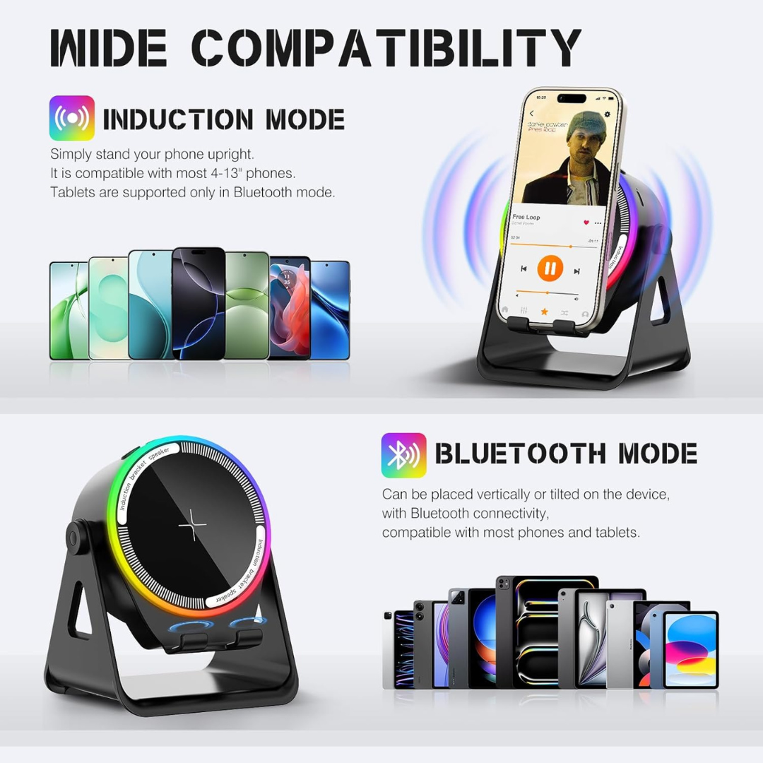 4-in-1 Wireless Induction Bluetooth Speaker with RGB Lights & 360° Phone Stand | UAE Gadget