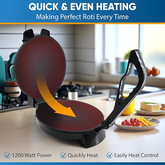 Electric Roti & Tortilla Maker – 1000W Non-Stick Chapathi Press | Adjustable Heat & Cool-Touch Handle | Compact for UAE Kitchens