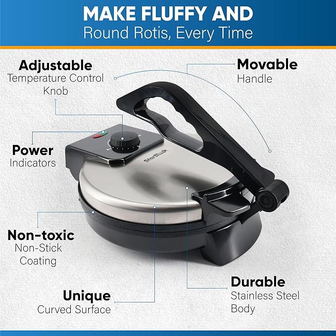 Electric Roti & Tortilla Maker – 1000W Non-Stick Chapathi Press | Adjustable Heat & Cool-Touch Handle | Compact for UAE Kitchens