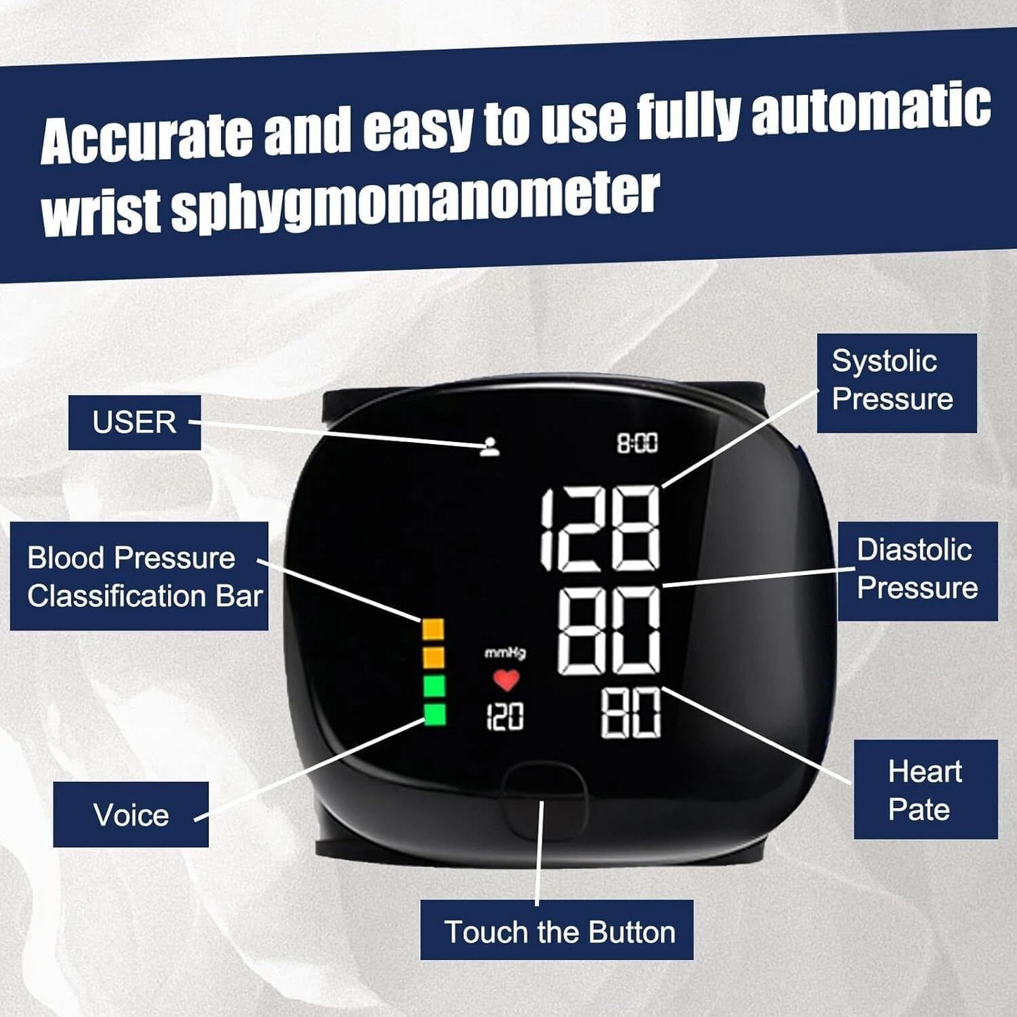 Automatic Wrist Blood Pressure Monitor – Digital BP Machine with LED Display & Voice Function | Portable Health Monitor