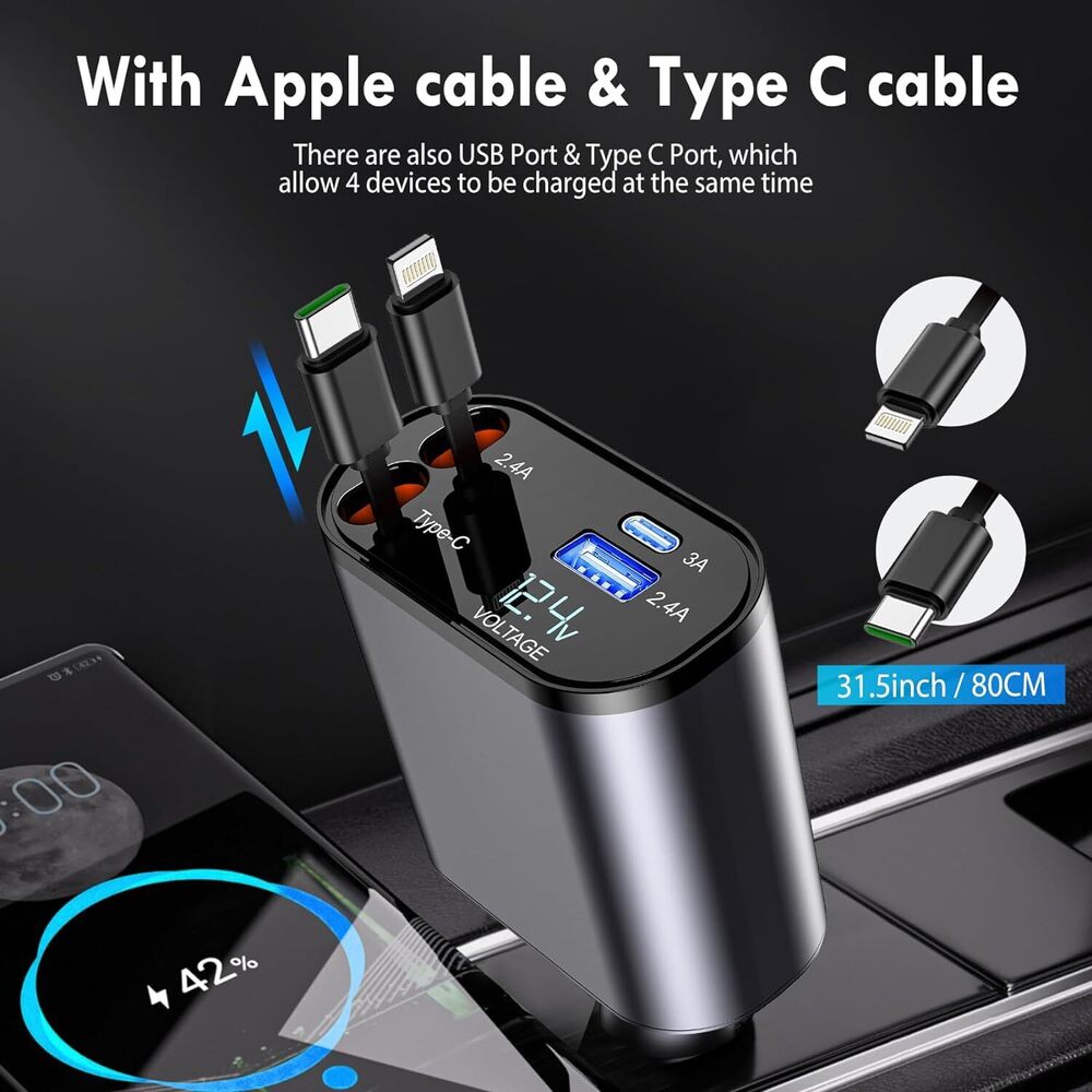 Retractable 4-in-1 Fast Car Charger UAE | 66W PD & QC | Type-C + Lightning + Dual USB | iPhone 15/14/13/12 & Samsung