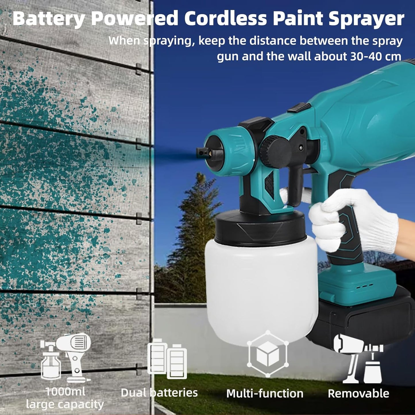 48V Battery Powered Paint Sprayer – 3 Spray Patterns, Electric Wall &amp; Fence Painting Gun.