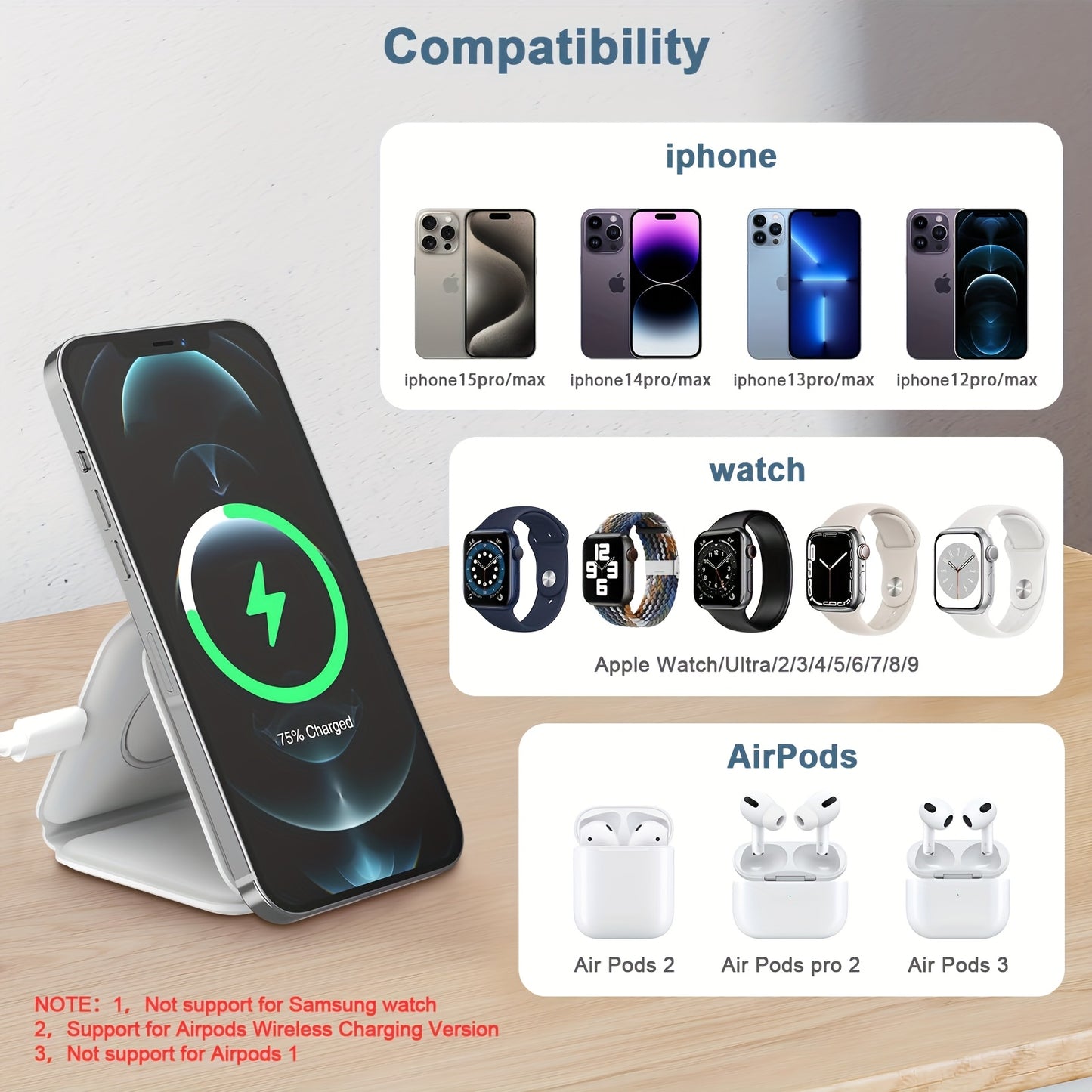 Pickzaar 3 in 1 Wireless Charger – Magnetic Foldable Charging Station, Fast Wireless Charging Pad (White) USB