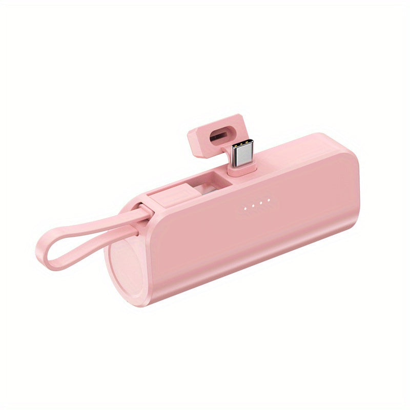5000mAh Mini Power Bank with Built-in Type-C & Lightning Cables – Portable Fast Charger with Foldable Stand & LED Light (Black)