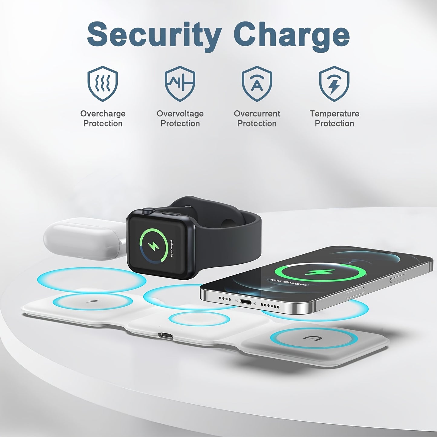 Pickzaar 3 in 1 Wireless Charger – Magnetic Foldable Charging Station, Fast Wireless Charging Pad (White) USB