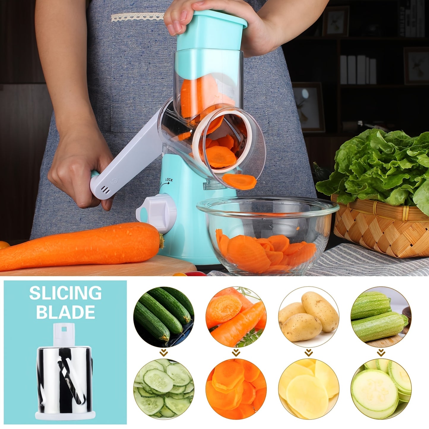3-in-1 Manual Drum Cheese & Vegetable Grater UAE | Rotary Slicer, Shredder & Grinder – Safe & Easy with Stainless-Steel Blades