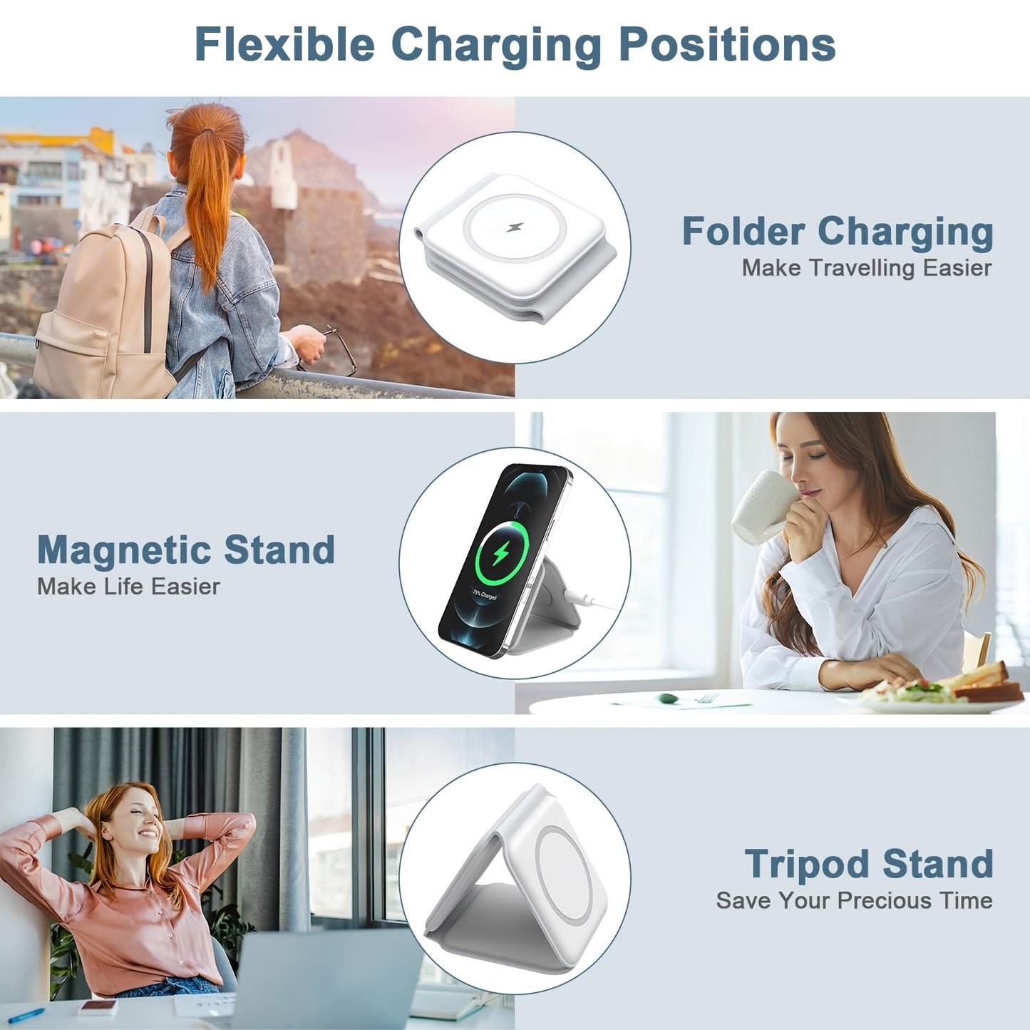 Pickzaar 3 in 1 Wireless Charger – Magnetic Foldable Charging Station, Fast Wireless Charging Pad (White) USB