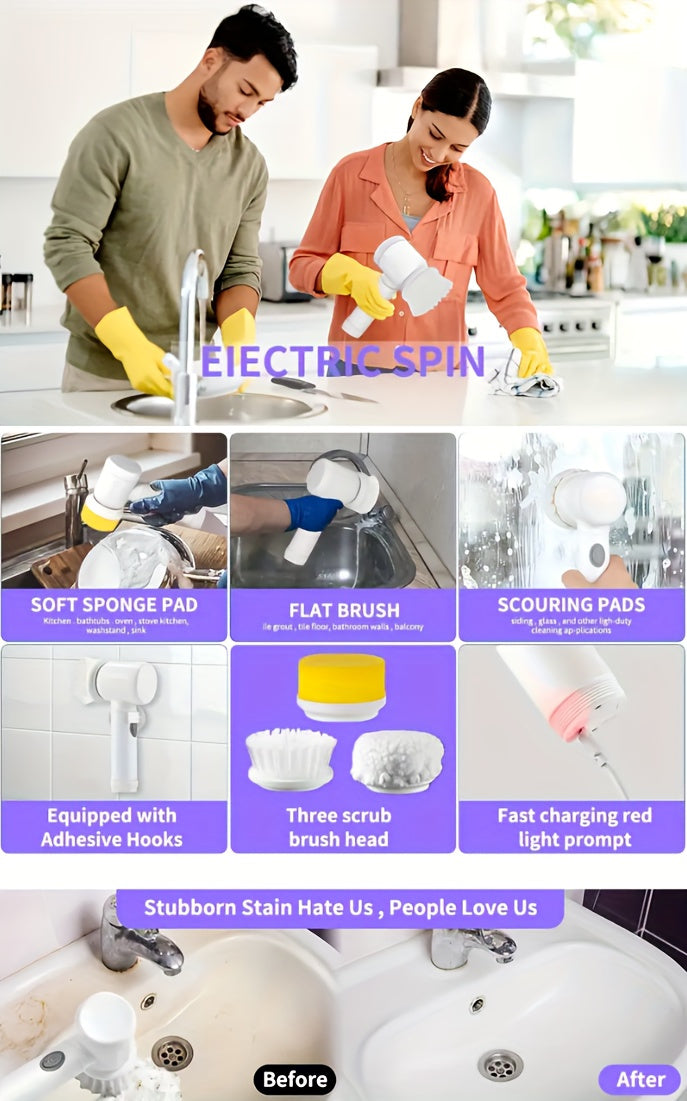 Electric Spin Scrubber – Cordless Rechargeable Brush, 5 Heads + Extension Handle