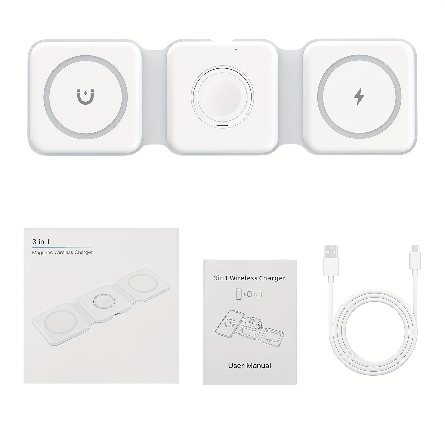 Pickzaar 3 in 1 Wireless Charger – Magnetic Foldable Charging Station, Fast Wireless Charging Pad (White) USB