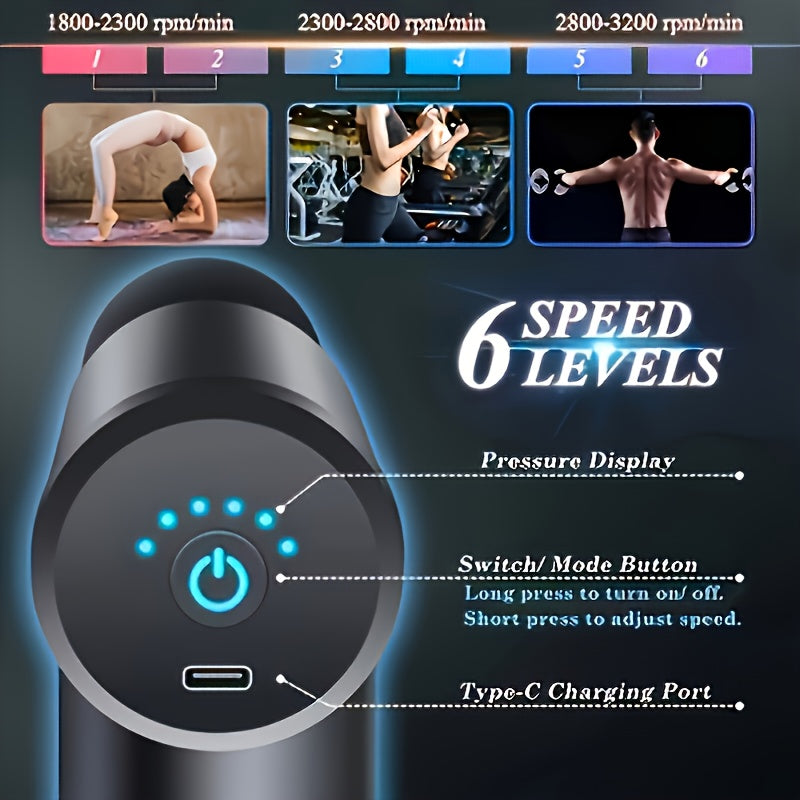 Mini Massage Gun Deep Tissue – 6 Speeds, 4 Heads, 1800mAh Battery, Portable &amp; Quiet Muscle Massager.