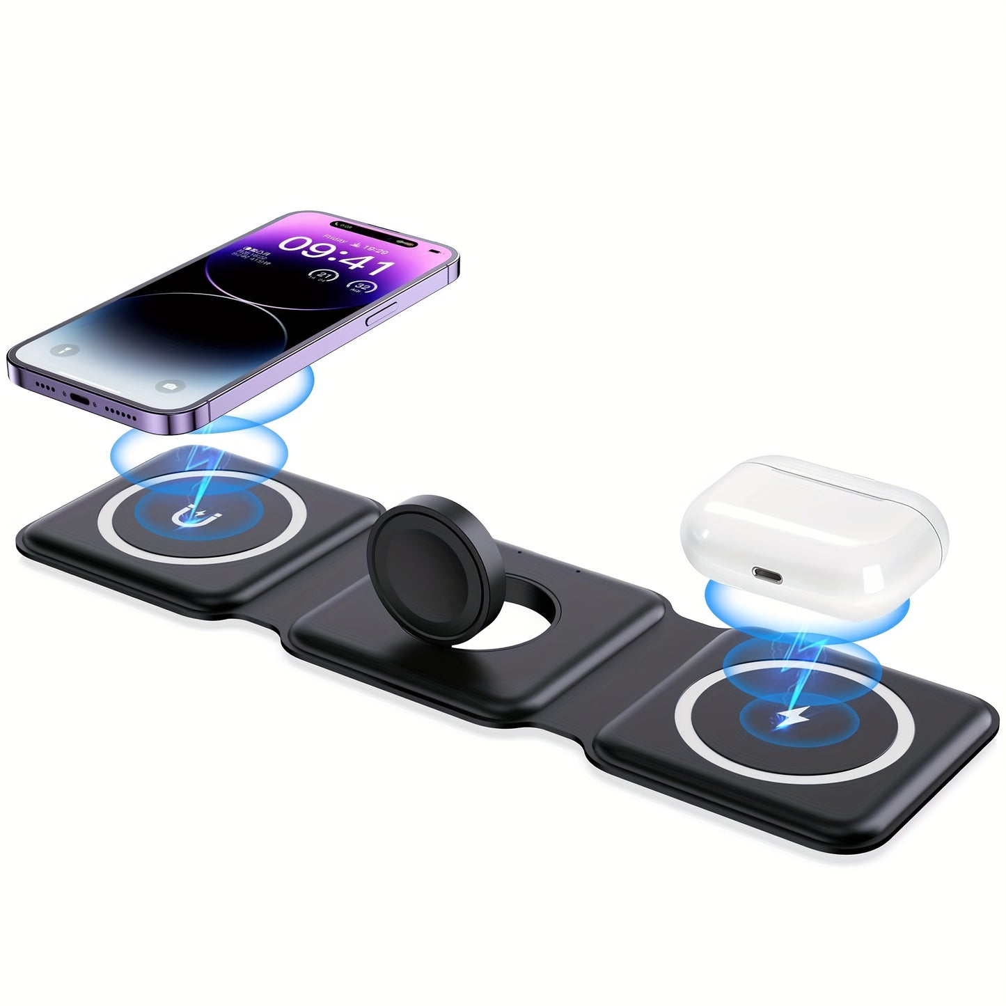Pickzaar 3 in 1 Wireless Charger – Magnetic Foldable Charging Station, Fast Wireless Charging Pad (White) USB